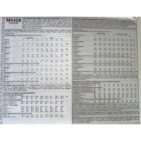 McCall's Sewing Pattern 5458 Tops Dresses Girls Size 7-14 - Picture 2 of 2